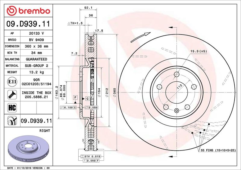 Тормозной диск BREMBO 09D93911