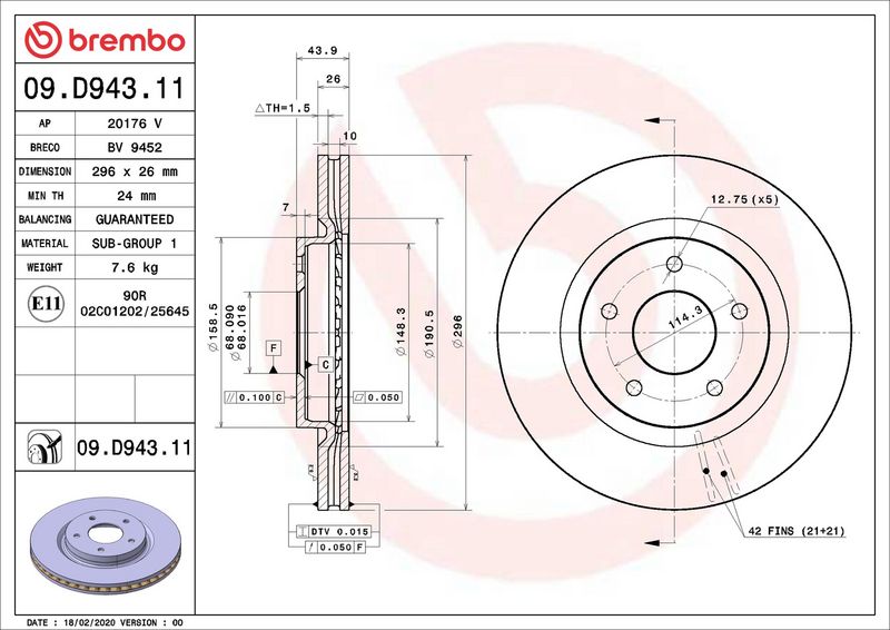 Тормозной диск BREMBO 09D94311