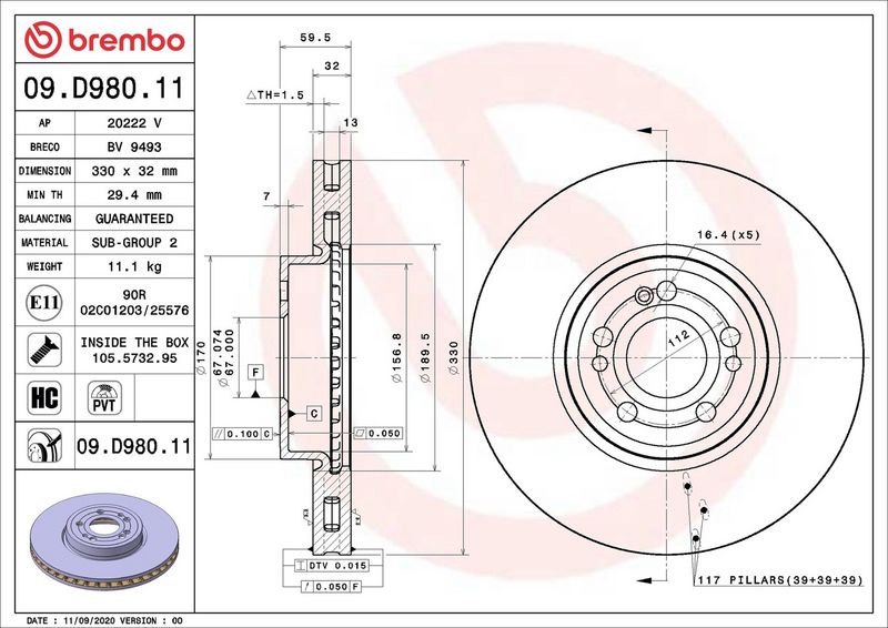 Тормозной диск BREMBO 09D98011