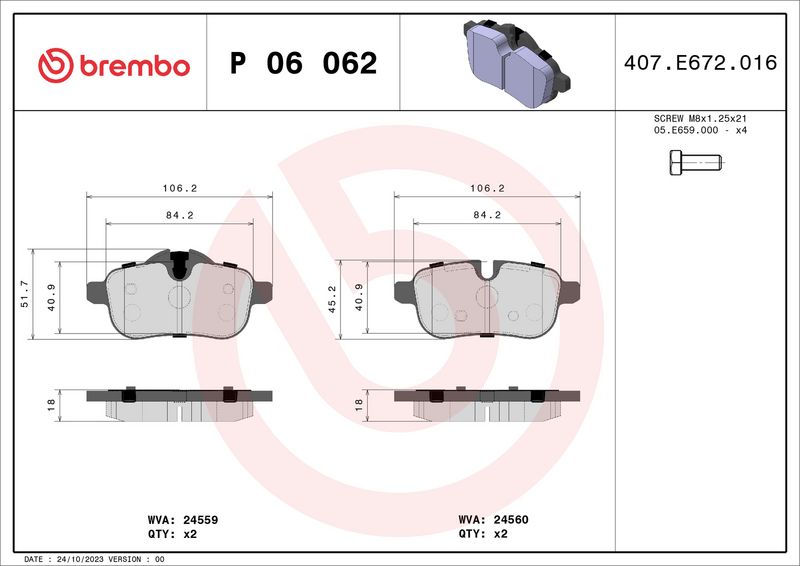 Комплект тормозных колодок, дисковый тормоз BREMBO P06062