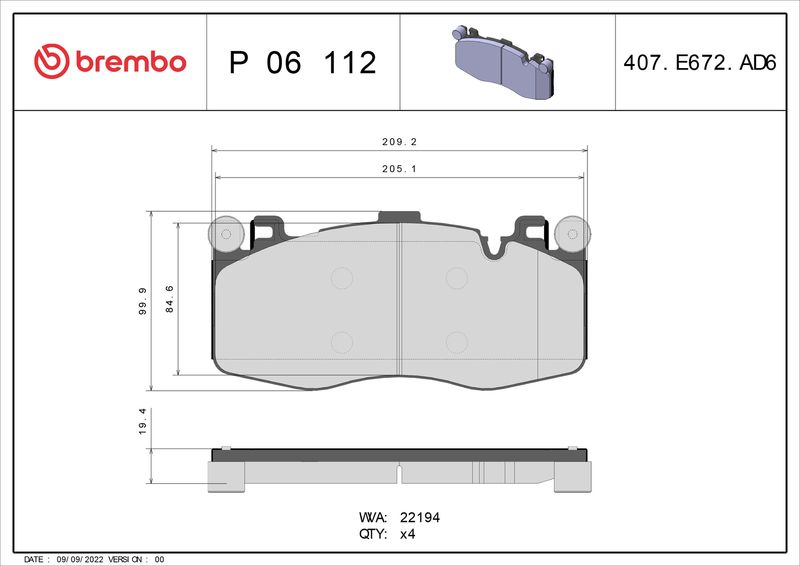 Комплект тормозных колодок, дисковый тормоз BREMBO P06112
