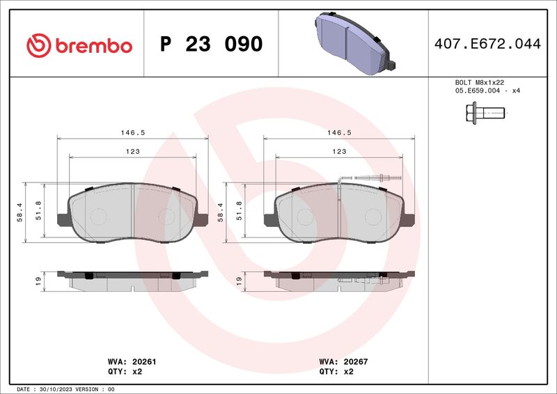 Комплект тормозных колодок, дисковый тормоз BREMBO P23090