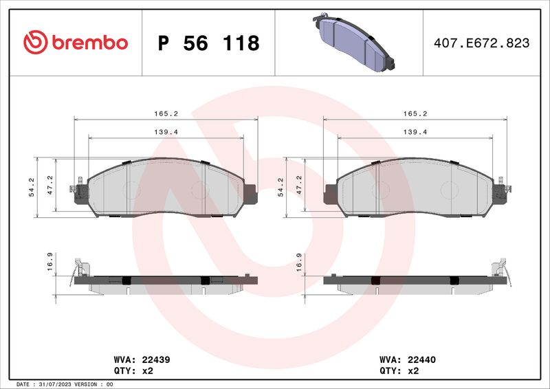 Комплект тормозных колодок, дисковый тормоз BREMBO P56118