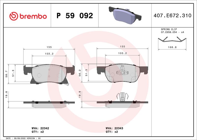 Комплект тормозных колодок, дисковый тормоз BREMBO P59092