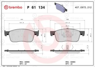 Комплект тормозных колодок (дисковый тормоз) BREMBO P61134