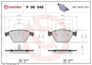 Комплект тормозных колодок (дисковый тормоз) BREMBO P06046