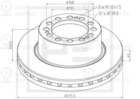 Диск Тормозной! 374.5X45 12Отв D19+ 3Отв M12x1.5\ Saf Skrb 9019K/I PETERS ENNEPETAL 06625300A