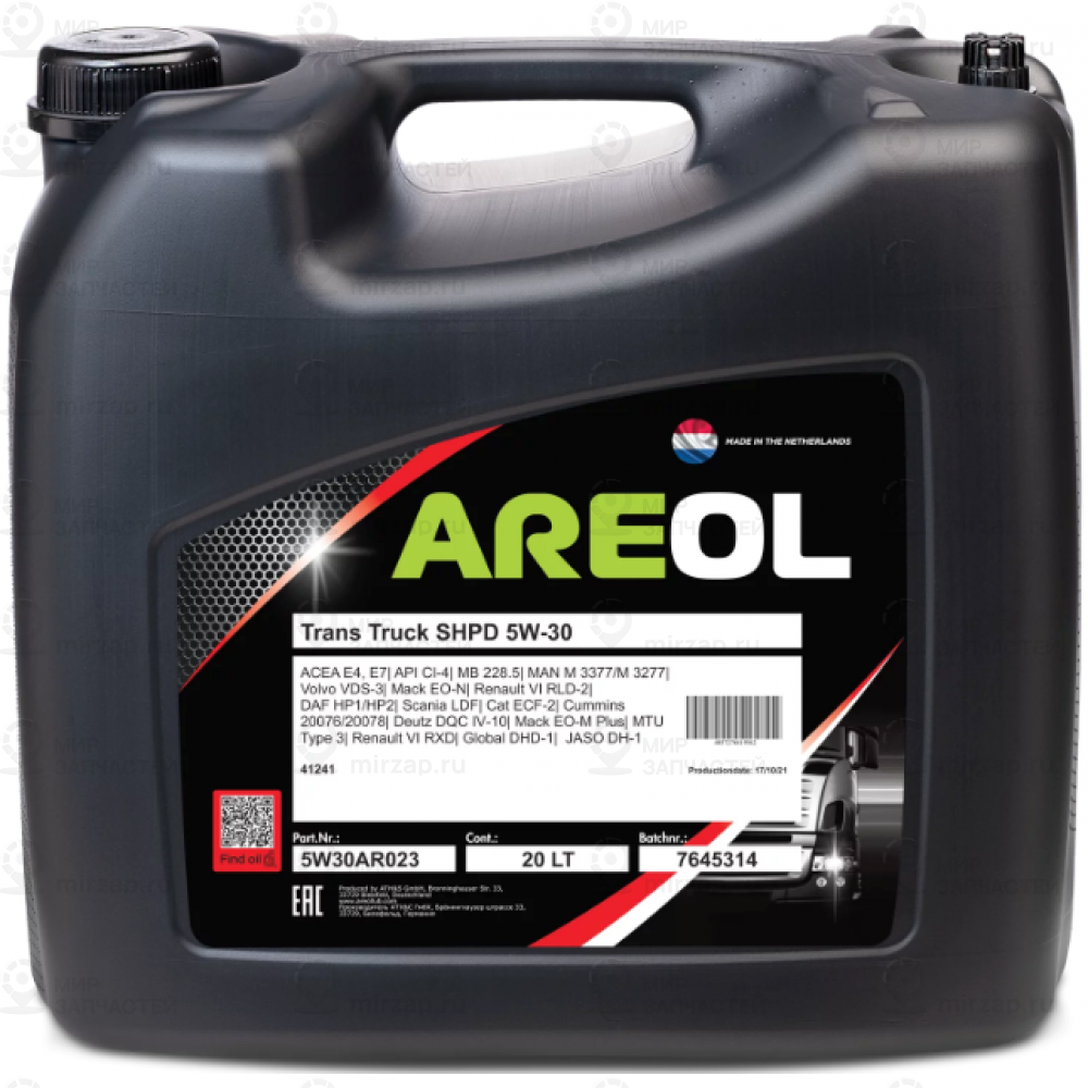 Areol Trans Truck Shpd 5W-30 (20L)_Масло Моторное! Синт.\ Acea E4/E7, Api Ci-4,M AREOL 5W30AR023