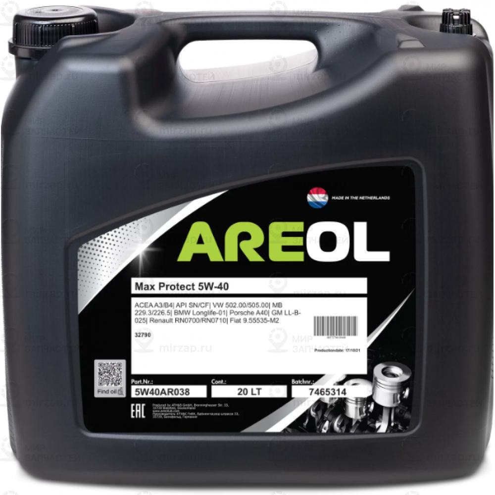 Areol Max Protect 5W40 (20L)_Масло Моторное! Синт.\ Acea A3/B4, Api Sn/Cf, Vw 50 AREOL 5W40AR038