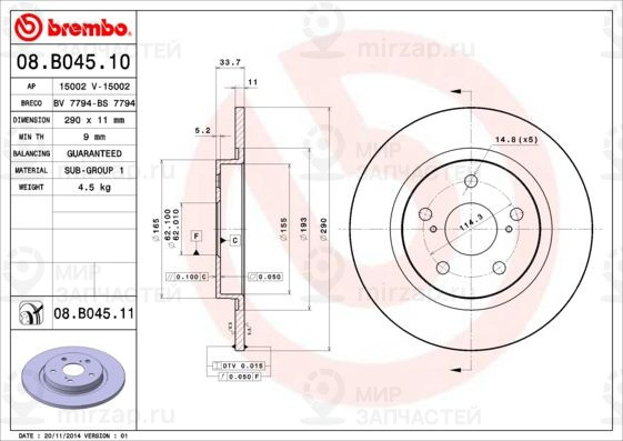 Тормозной диск BREMBO 08B04510