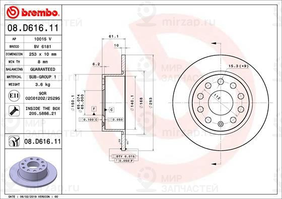 Тормозной диск BREMBO 08D61611
