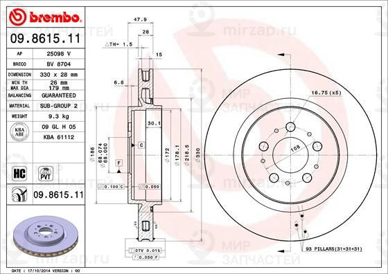 Тормозной диск BREMBO 09861511