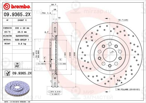 Тормозной диск BREMBO 0993652X