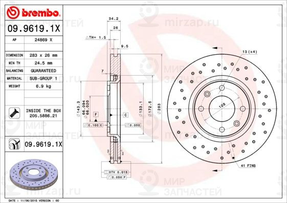 Тормозной диск BREMBO 0996191X