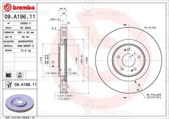 Тормозной диск BREMBO 09A19611