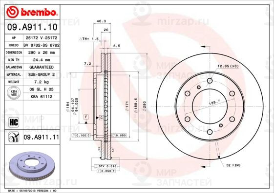 Тормозной диск BREMBO 09A91110