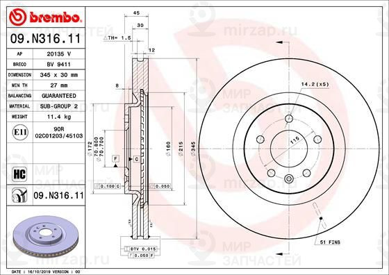 Тормозной диск BREMBO 09N31611