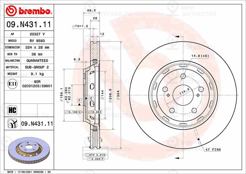 Тормозной диск BREMBO 09N43111