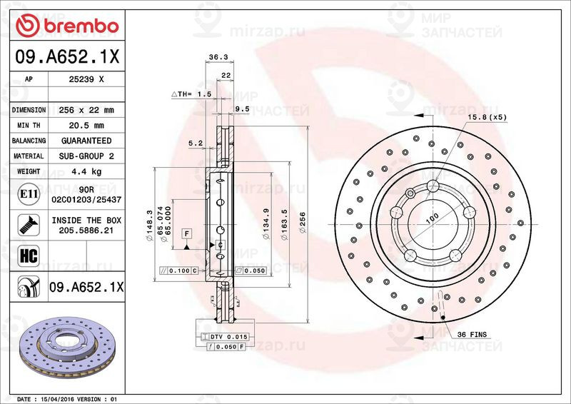 Тормозной диск BREMBO 09A6521X